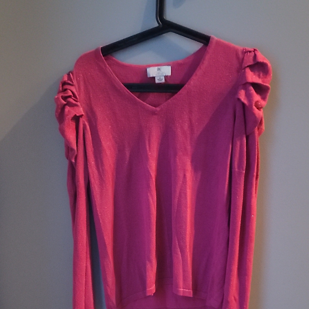 CeCe Fuchsia Long Sleeve Top with Ruched Shoulders